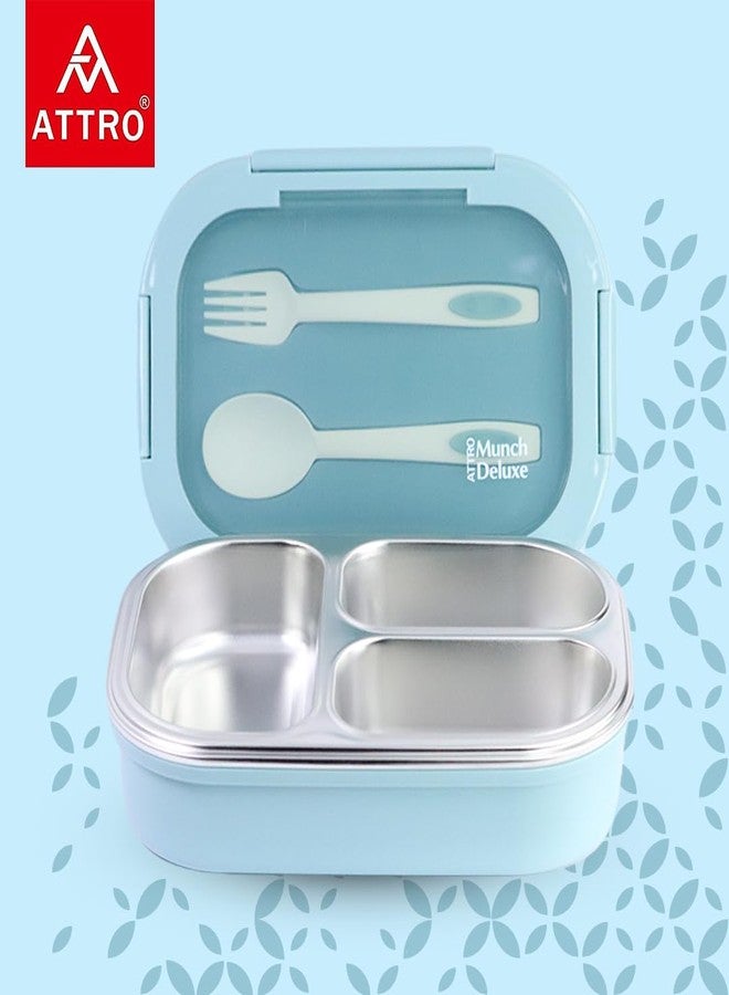 Attro Munch Deluxe Insulated Lunch Box with 3 Compartments 2 Spoons & Stylish Lid Made with Heavy Outer Platic Material Bpa Free Inner with Steel,Perfect for School,Office-Lake Blue - 750 Ml - Image 5